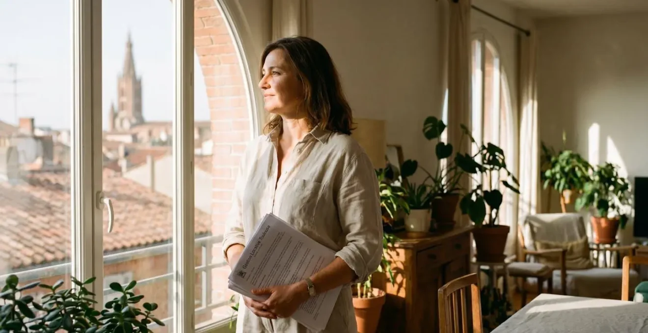 Un propriétaire bailleur toulousain qui consulte ses documents de gestion locative meublée dans un appartement lumineux