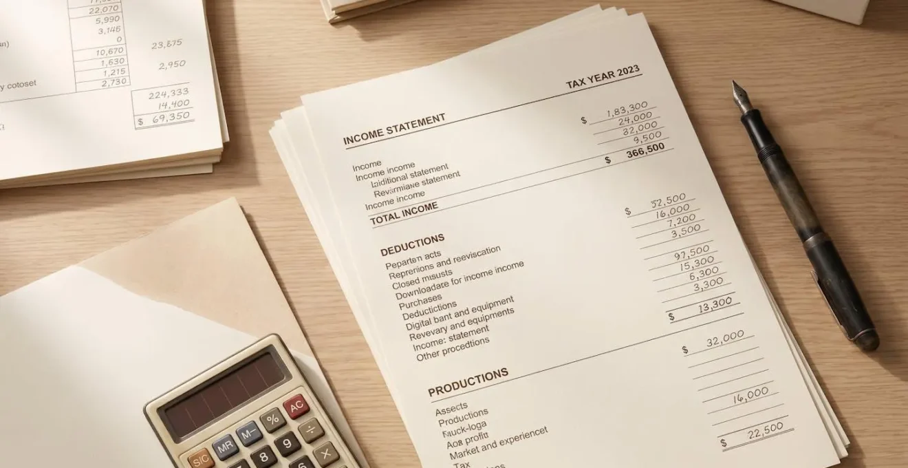 Vue en plongée sur des documents fiscaux LMNP avec calcul de seuils micro-BIC et régime réel