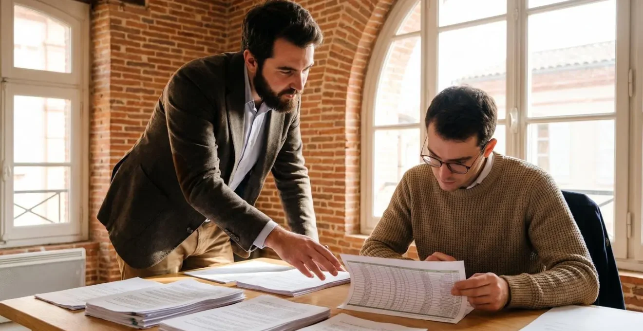 Un entrepreneur toulousain en discussion avec un expert-comptable autour de documents de location meublée