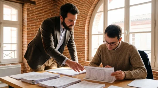 Un entrepreneur toulousain en discussion avec un expert-comptable autour de documents de location meublée
